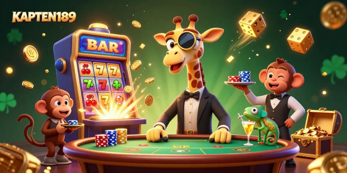 Gambarkan KAPTEN189 dengan penggambaran ceria, menampilkan permainan slot menarik dan karakter berkualitas tinggi di kasino virtual.