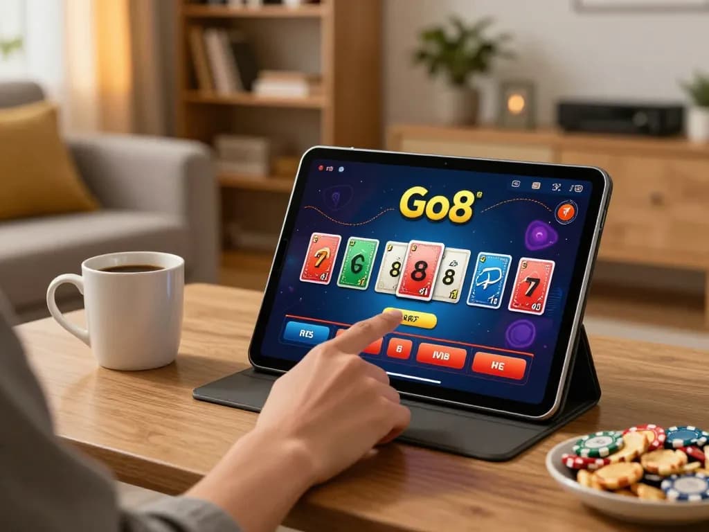 Engaging with Go8's casino app shows strategic gameplay in a cozy home setting.