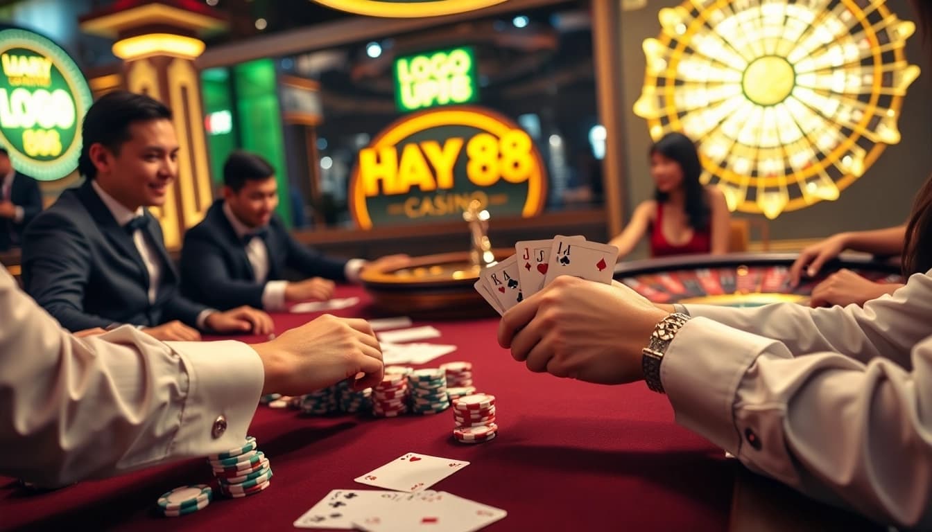 Excited players enjoying a game at Hay 88 casino table with vibrant poker chips and cards.