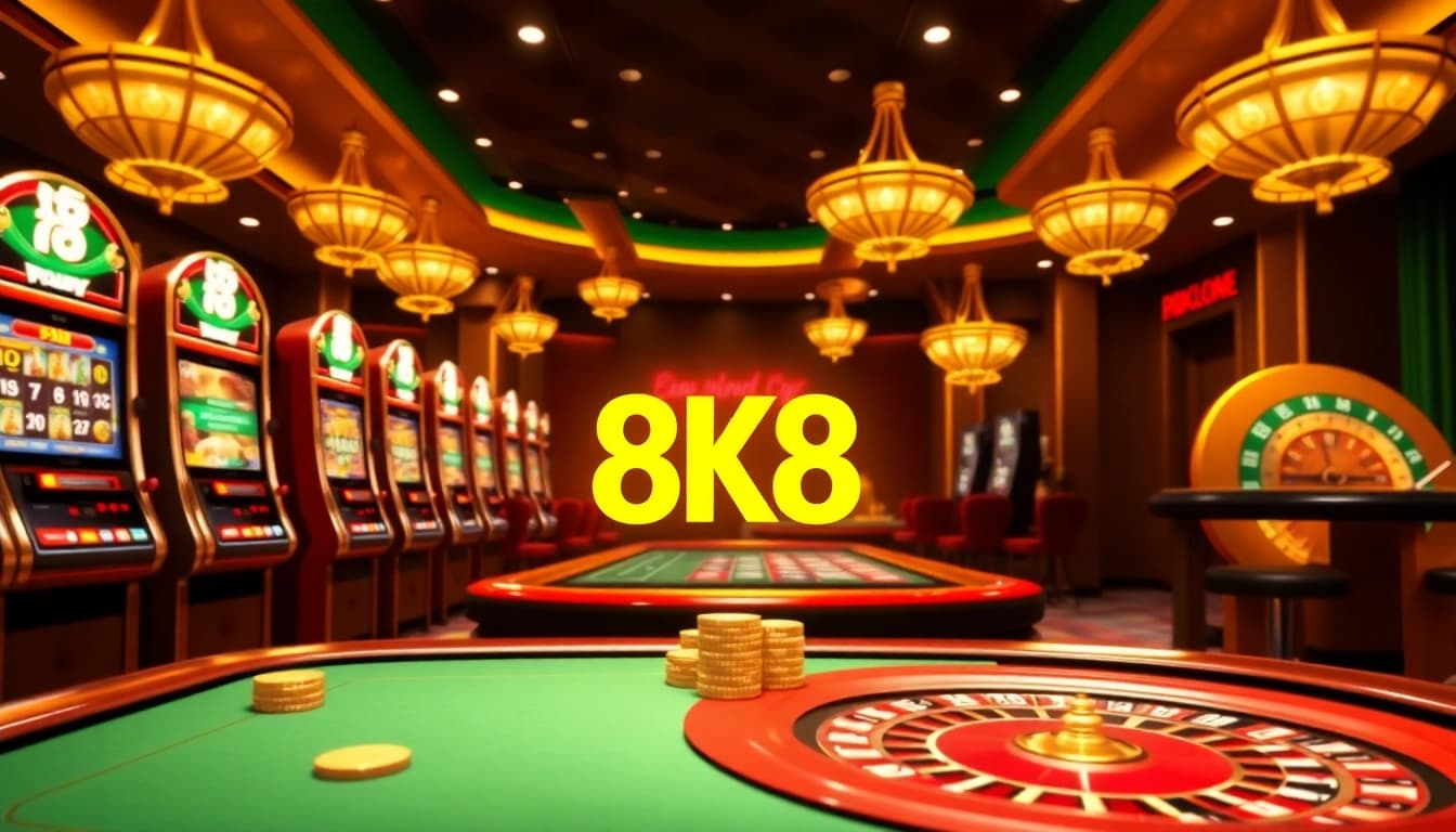 8K8 Casino showcases vibrant slot machines and poker tables in an elegant online gambling atmosphere.