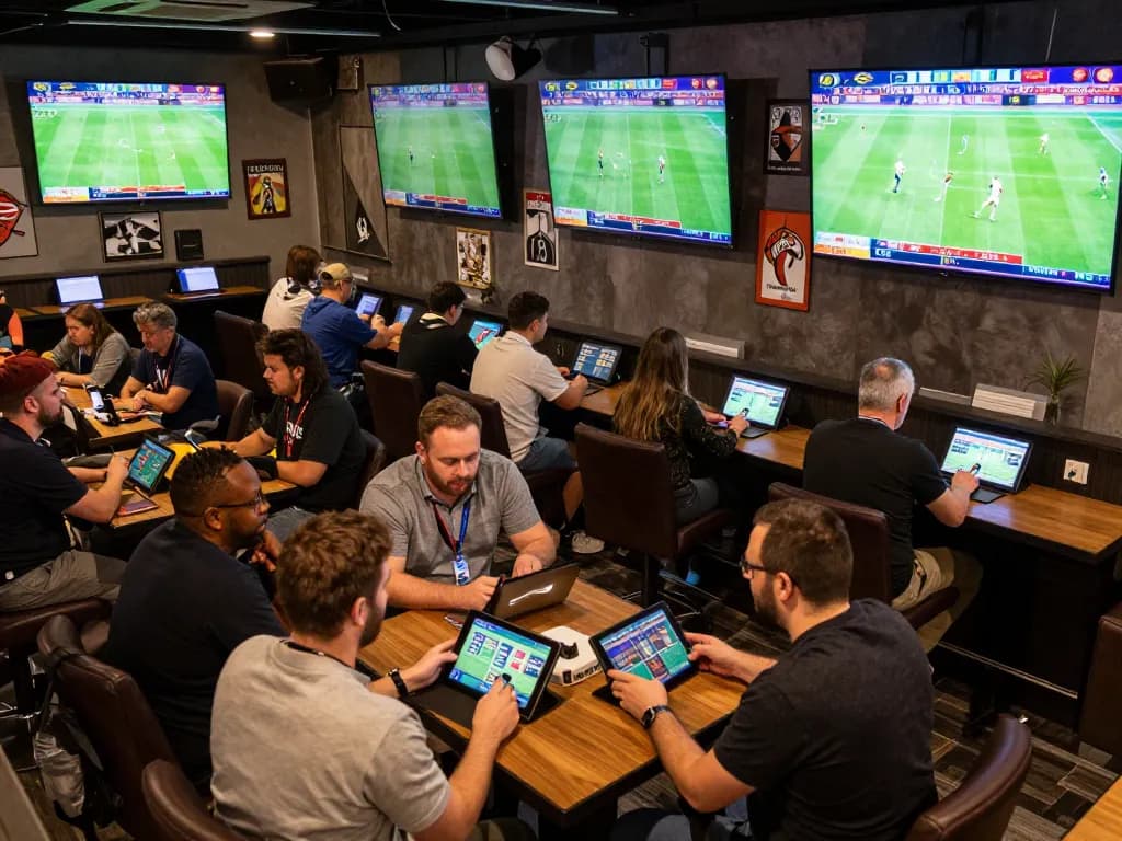 Excited sports fans place bets with fabet on mobile devices in a lively betting lounge.