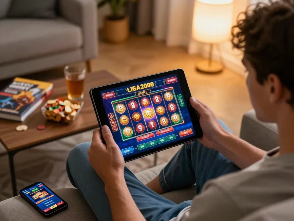 LIGA2000 player engaged in online gaming on a tablet, featuring vibrant app interface and cozy home atmosphere.