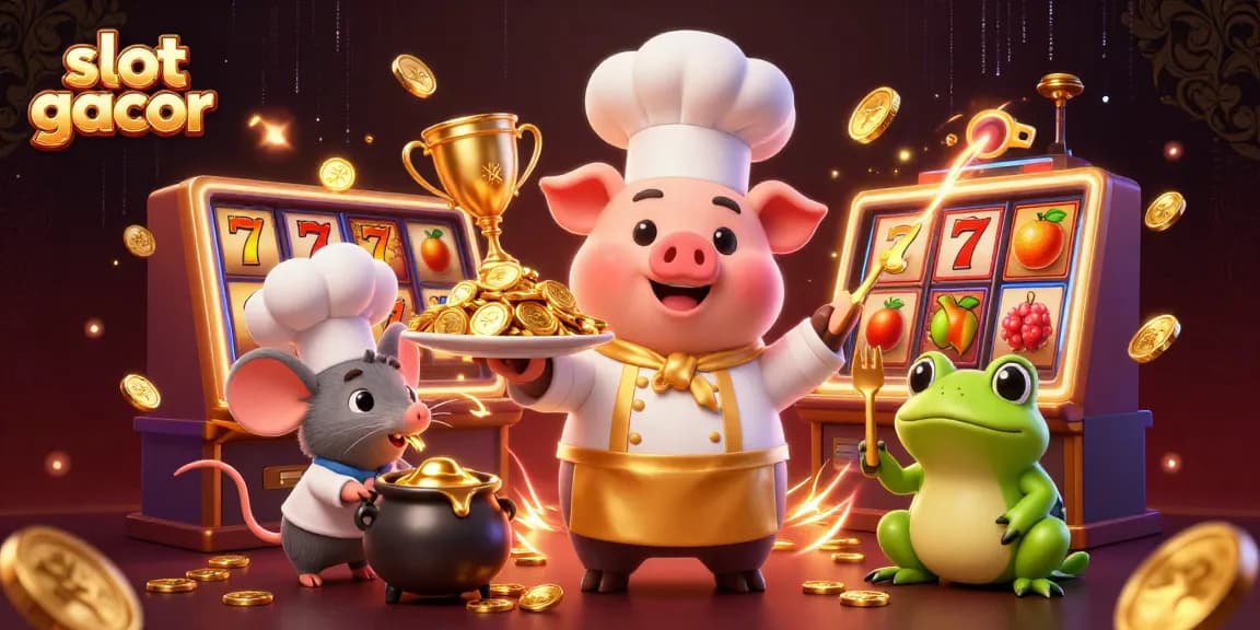 Spin and win at slot gacor, featuring themed characters serving gold coins in an exciting casino setting.