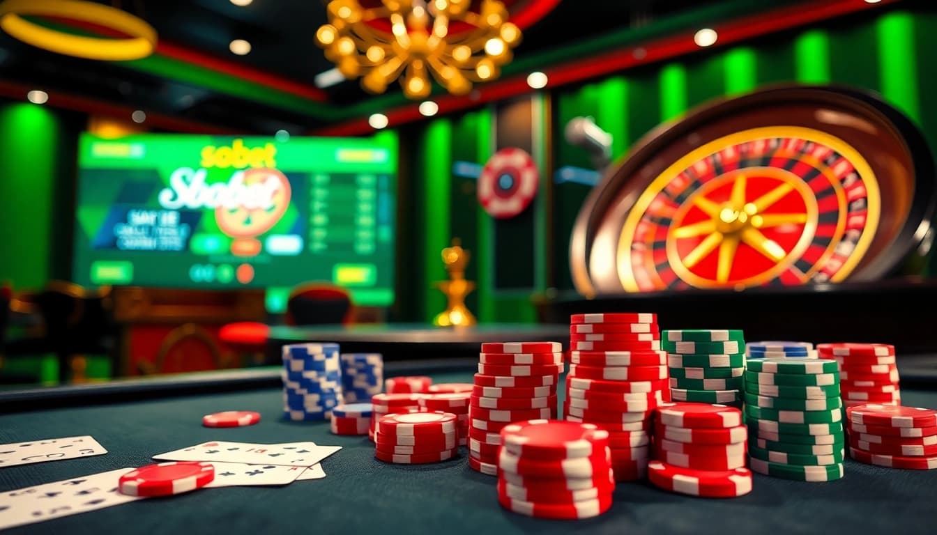 Engaging sbobet login indonesia on a modern casino table filled with poker chips, cards, and roulette.