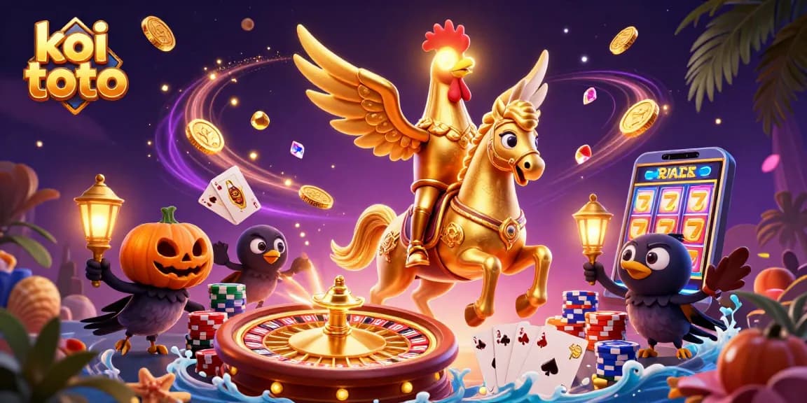 Engage with koi toto at the thrilling casino scene featuring a golden rooster riding through with gold coins and playing cards.