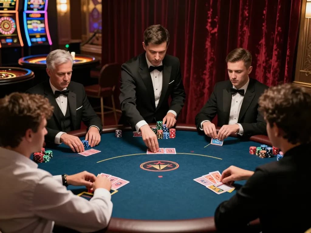 Players strategizing during a high-stakes poker game at hi88's luxurious casino.