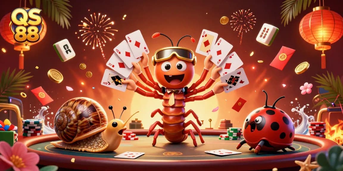 Experience the excitement of QS 88 as the millipede dealer fans out playing cards amidst colorful casino elements.