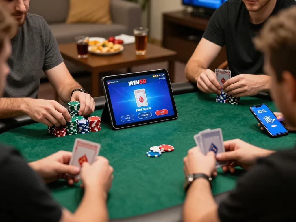 IWIN68 players strategizing in an engaging online poker game from home, showcasing tablet and smartphone gameplay.