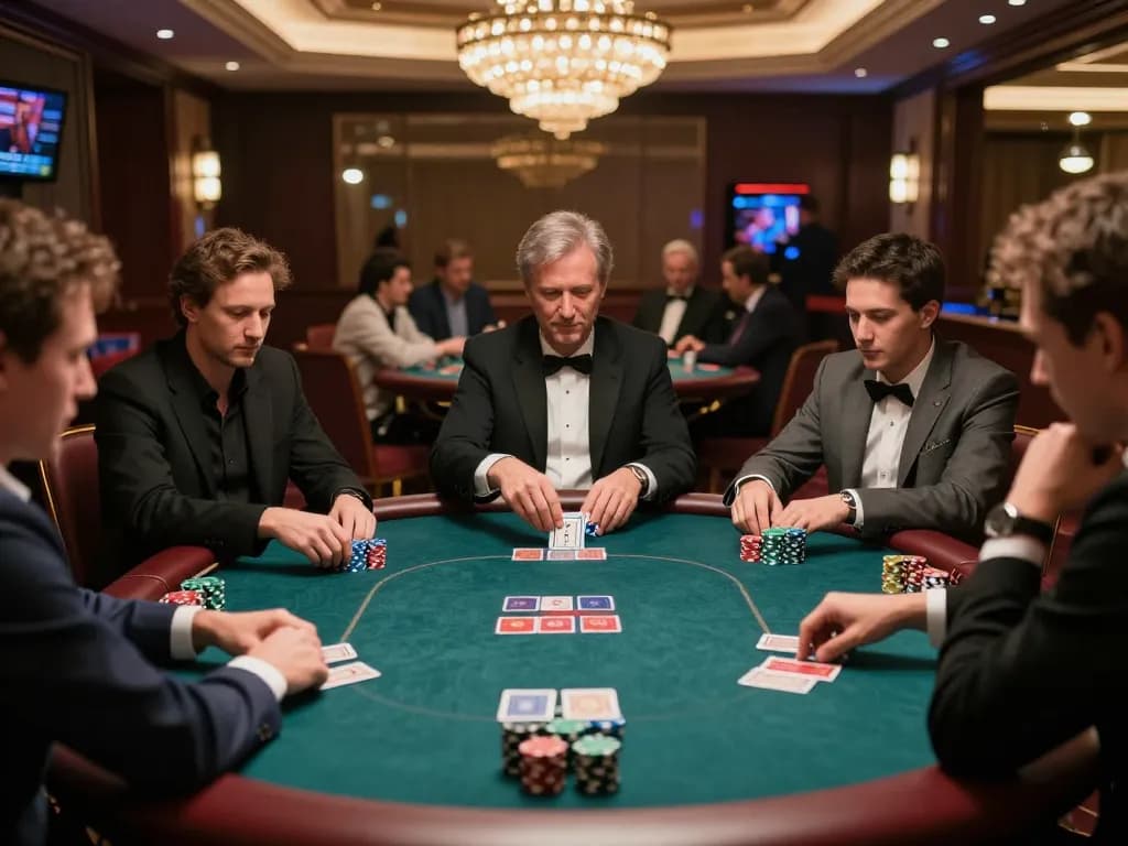 Players enjoying a strategic poker game at 777VIP casino, surrounded by luxury decor and warm lighting.