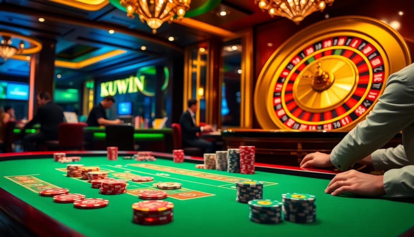 Kuwin casino gameplay action with a vibrant poker table and roulette wheel in a lively atmosphere.
