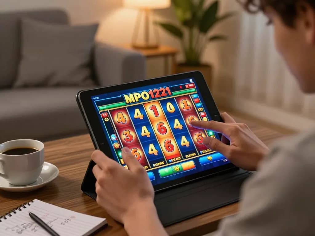 Pemain MPO1221 menikmati permainan slot online di tablet dalam setting rumah yang nyaman.