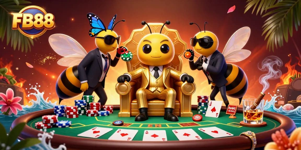 FB88 showcases a vibrant poker scene featuring a cartoon mob boss and wasp bodyguards.
