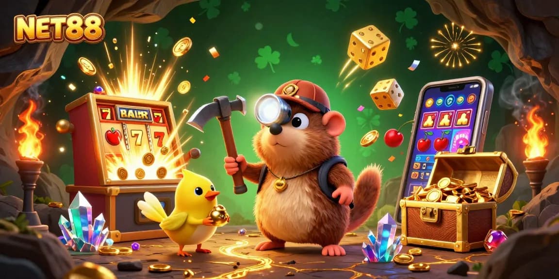 NET88 captures a vibrant jackpot scene with a treasure hunter mole, dynamic casino elements, and colorful game details.