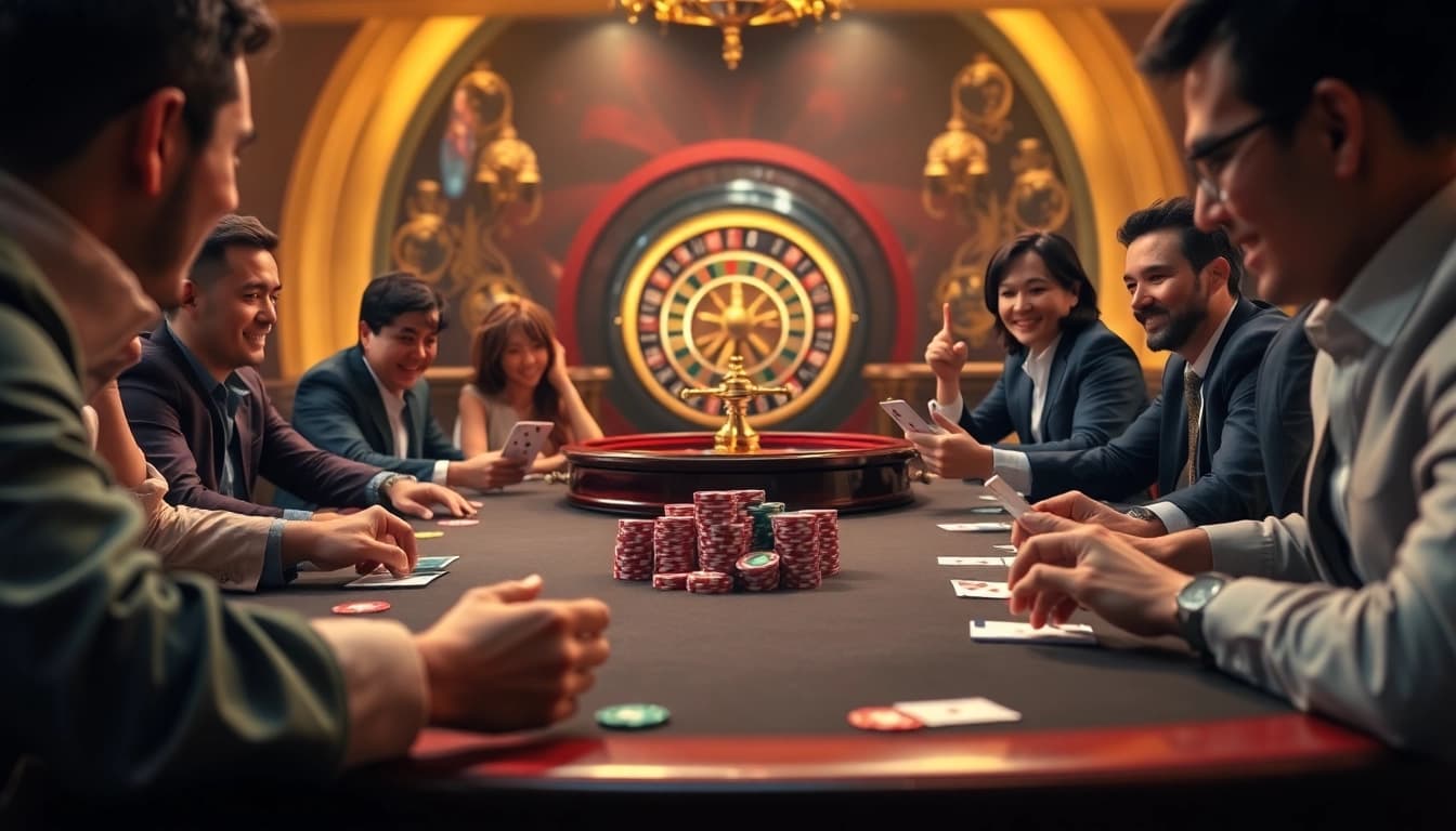 XIN88 players enjoying poker at a professional casino table with vibrant poker chips and cards.