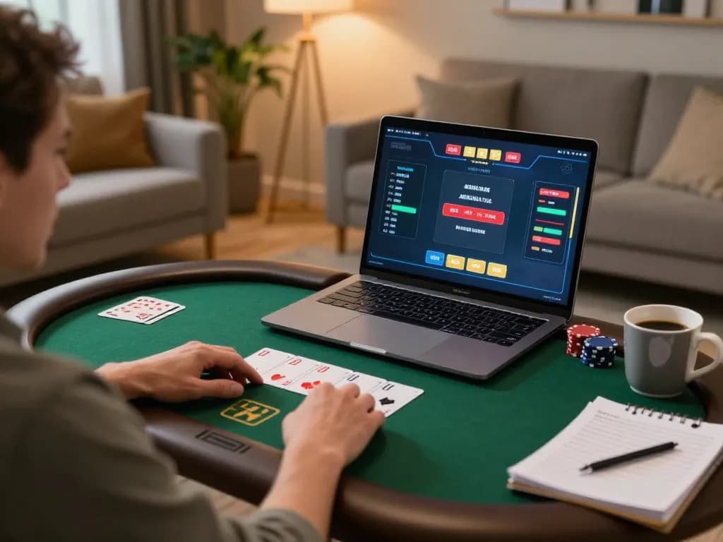 Player strategizing in an online poker game on DR88 platform with cozy home ambiance
