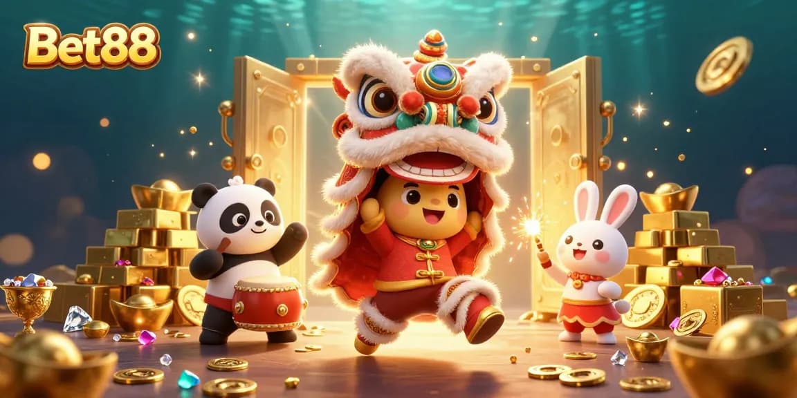 Experience the thrill of Bet88 with a vibrant lion dance, treasures, and animated characters.