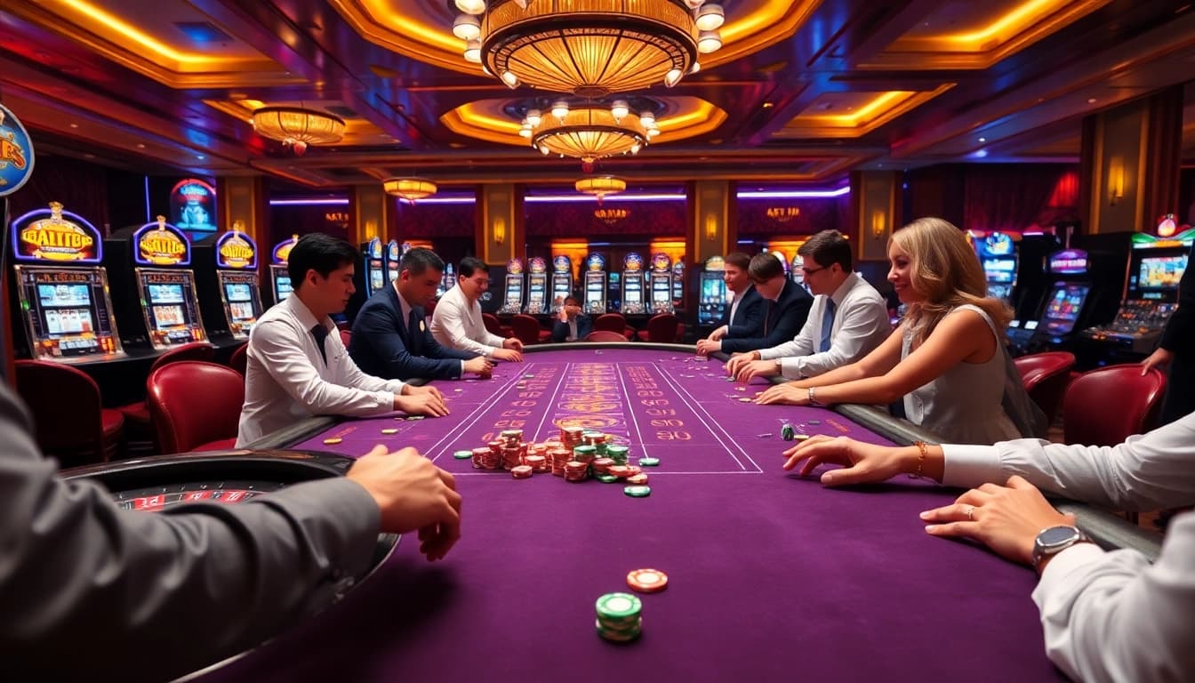 Players enjoying a thrilling casino moment at NA777, engaging in high-stakes card games.