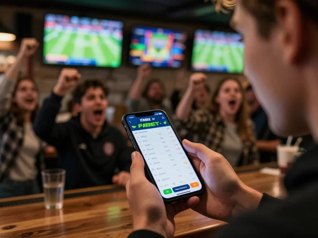 Placing bets on FABET app during a thrilling sports event in a lively bar atmosphere