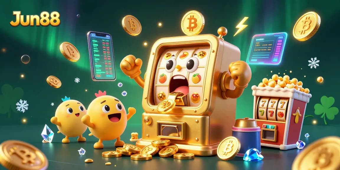 Experience thrilling action with Jun88's jackpot slot machine, surrounded by festive casino elements.