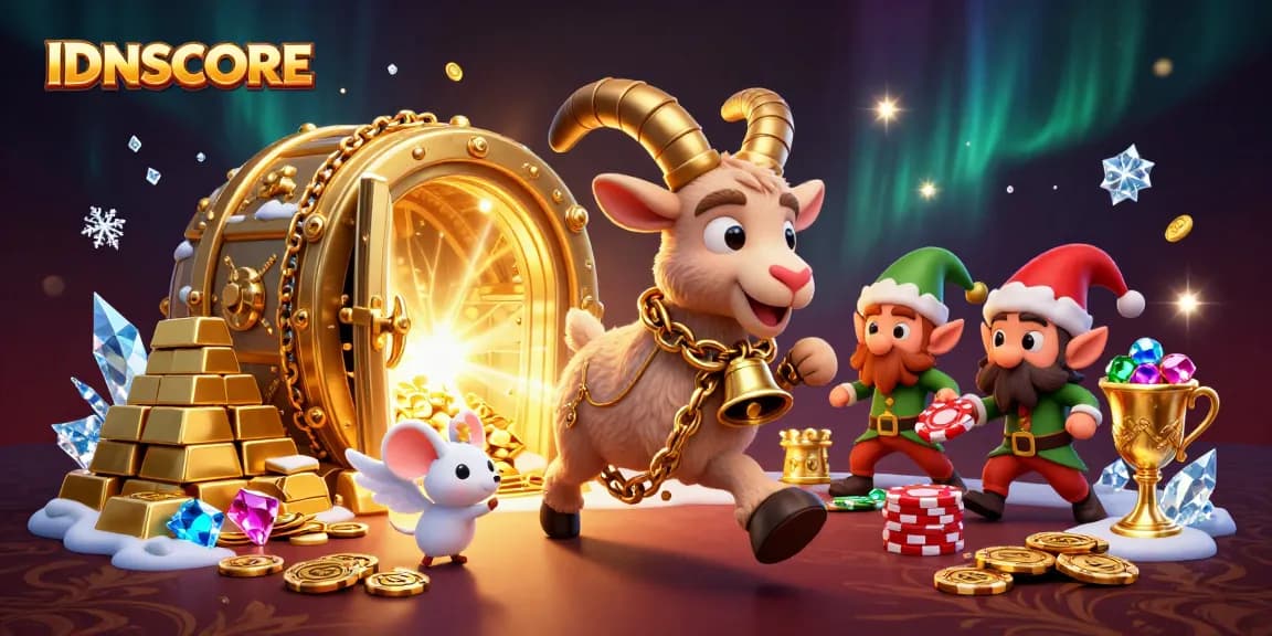 IDNSCORE online casino scene with Krampus goat, angel mouse, and mischievous elves in a festive atmosphere