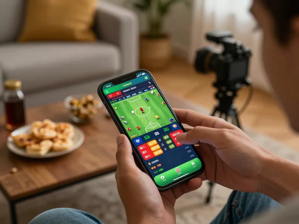 Engaging sports betting on sbobet displayed on a smartphone with colorful odds interface in a cozy home setting.