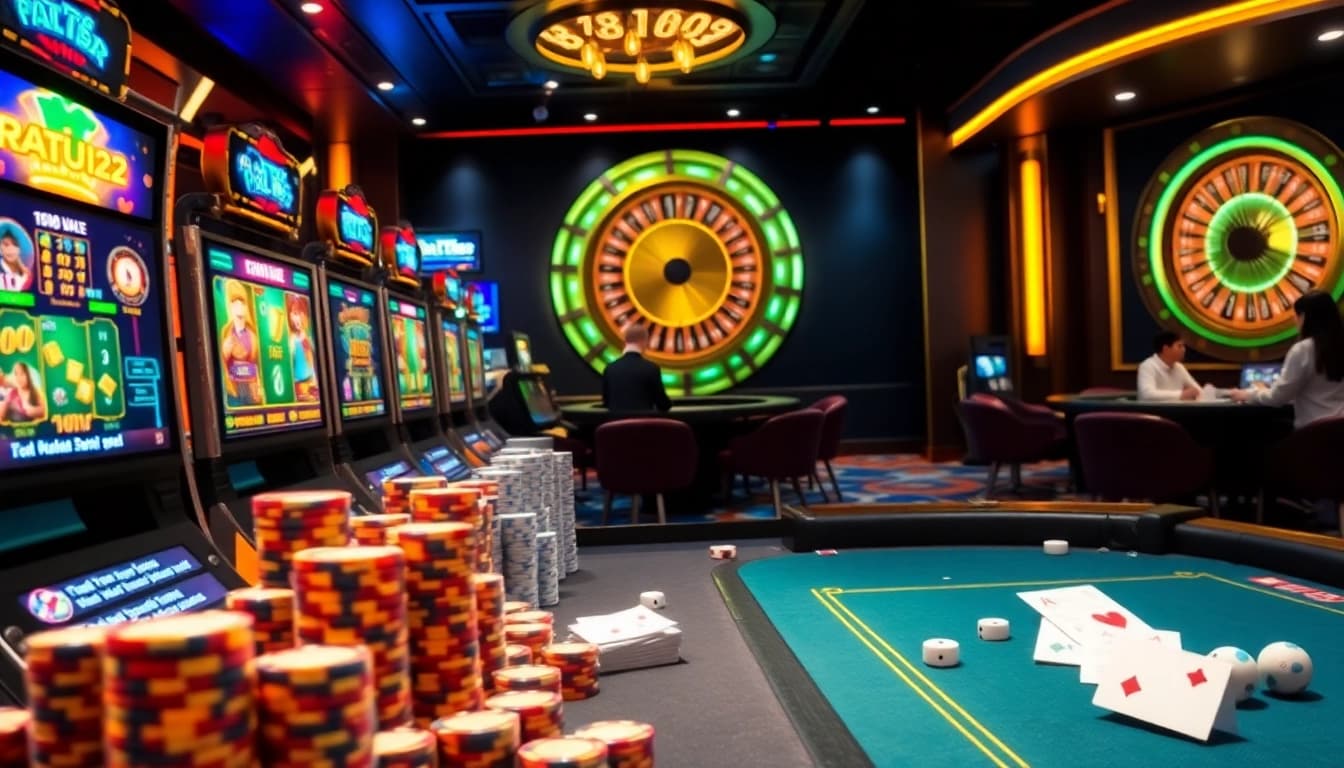 Mengajak pemain di kasino online Ratu123 dengan mesin slot yang berwarna-warni dan meja poker.