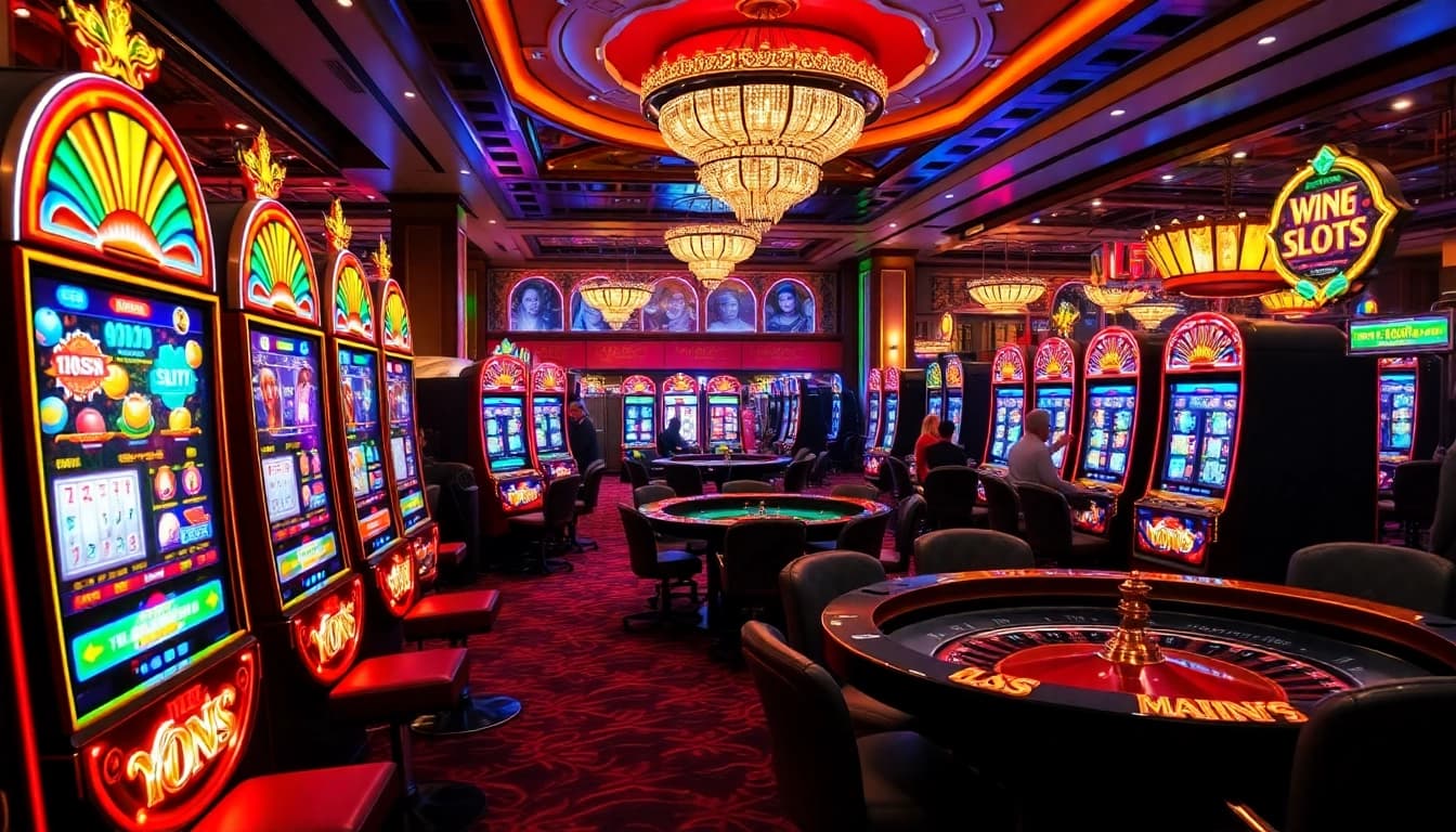 Experience the excitement of Wingslots77 with vibrant slot machines in a luxurious casino setting.