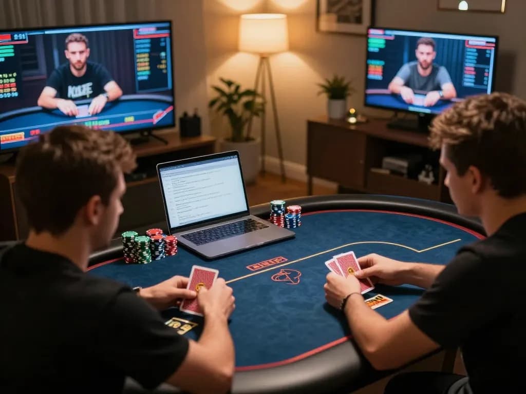 Engaging online poker scene showcasing Pragmati Play strategy in a cozy home gaming setup.