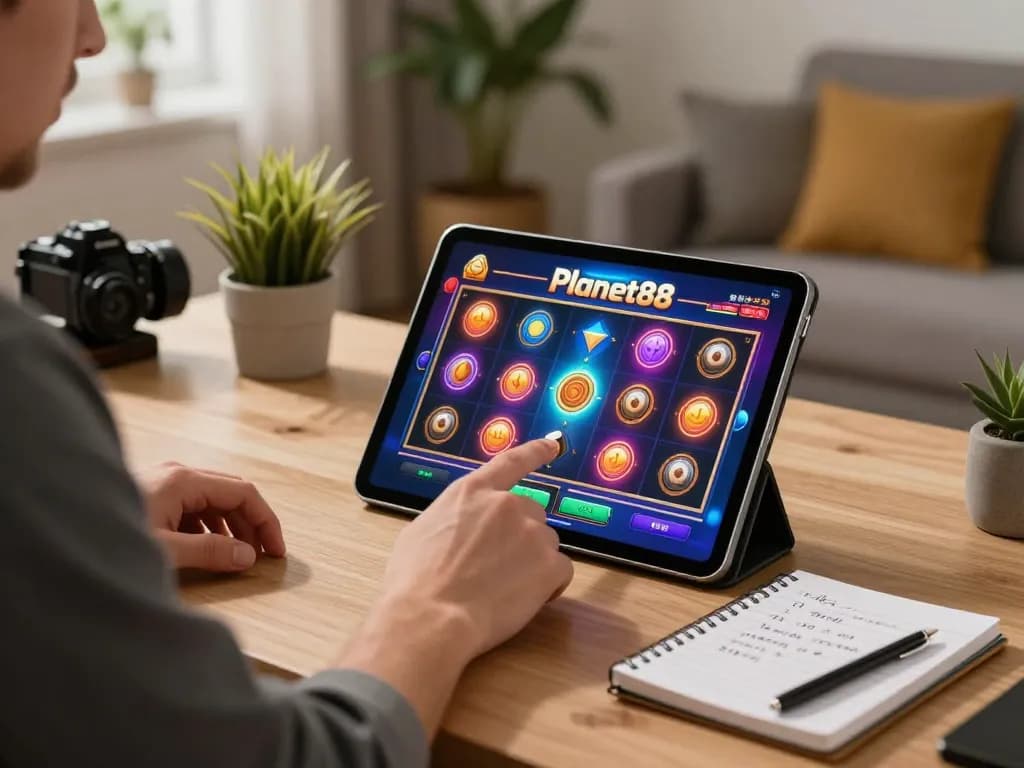 Player enjoying slot games on a tablet with Planet88 interface, showcasing strategic gameplay.