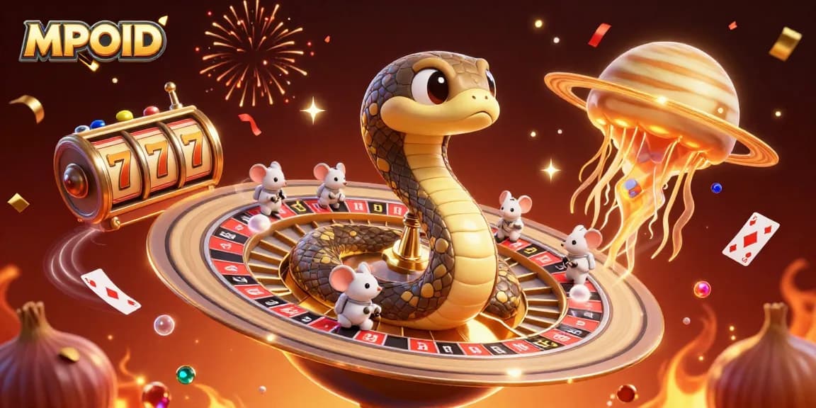 MPOID players win big with vibrant slots and a cosmic dealer in a rich, colorful gaming scene.