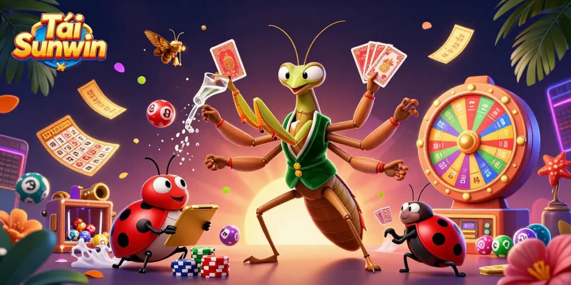 Tải Sunwin features an energetic scene with a giant praying mantis dealer amidst lottery balls and gambling elements.