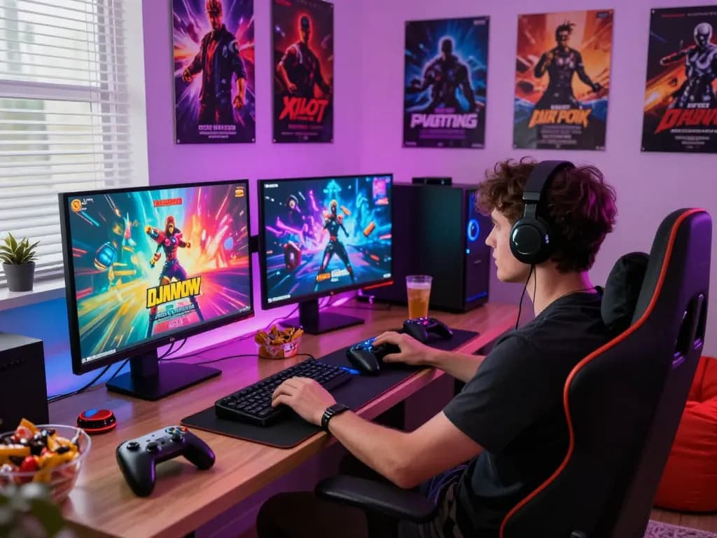 Exciting gaming scene featuring a player immersed in multiple porn games.