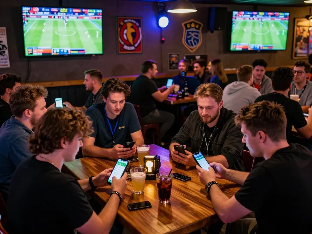 Fans using Bsport app for live sports betting while enjoying drinks at a bustling sports bar