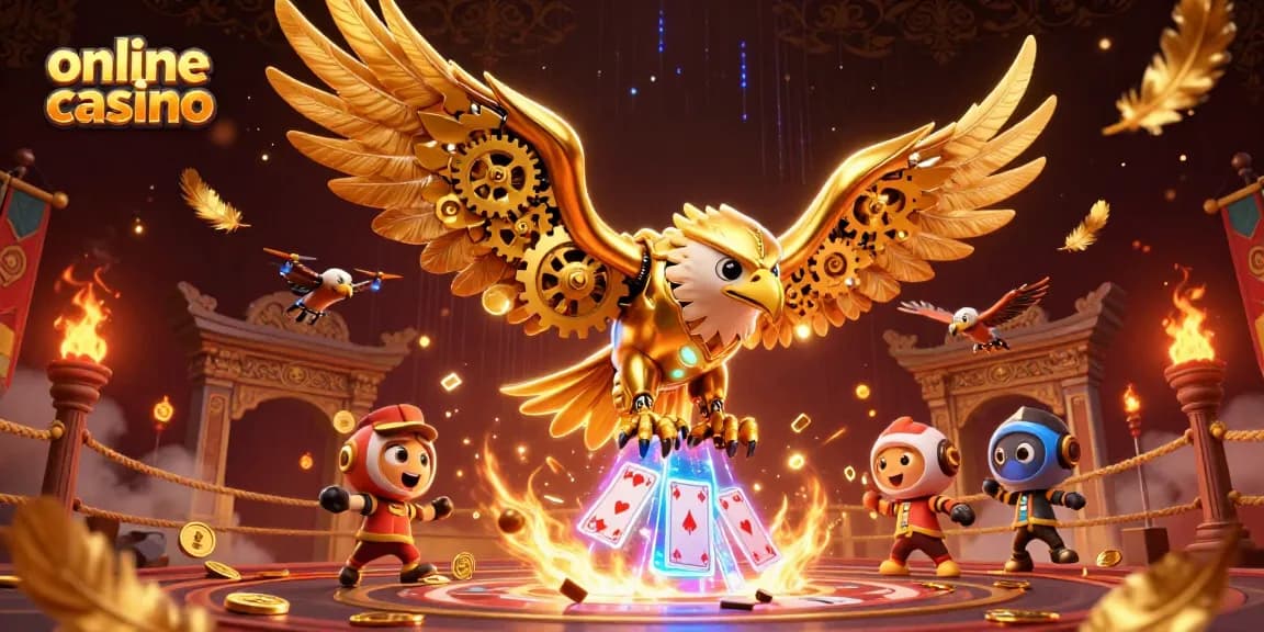 Engage with top online casino action featuring a cybernetic eagle amidst animated cards and golden coins.
