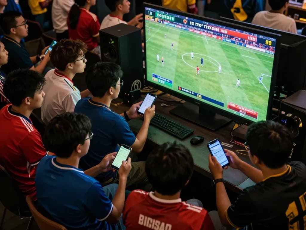 Fans engaging in KÈO TRỰC TUYẾN sports betting during a live football match, showcasing excitement and strategy.