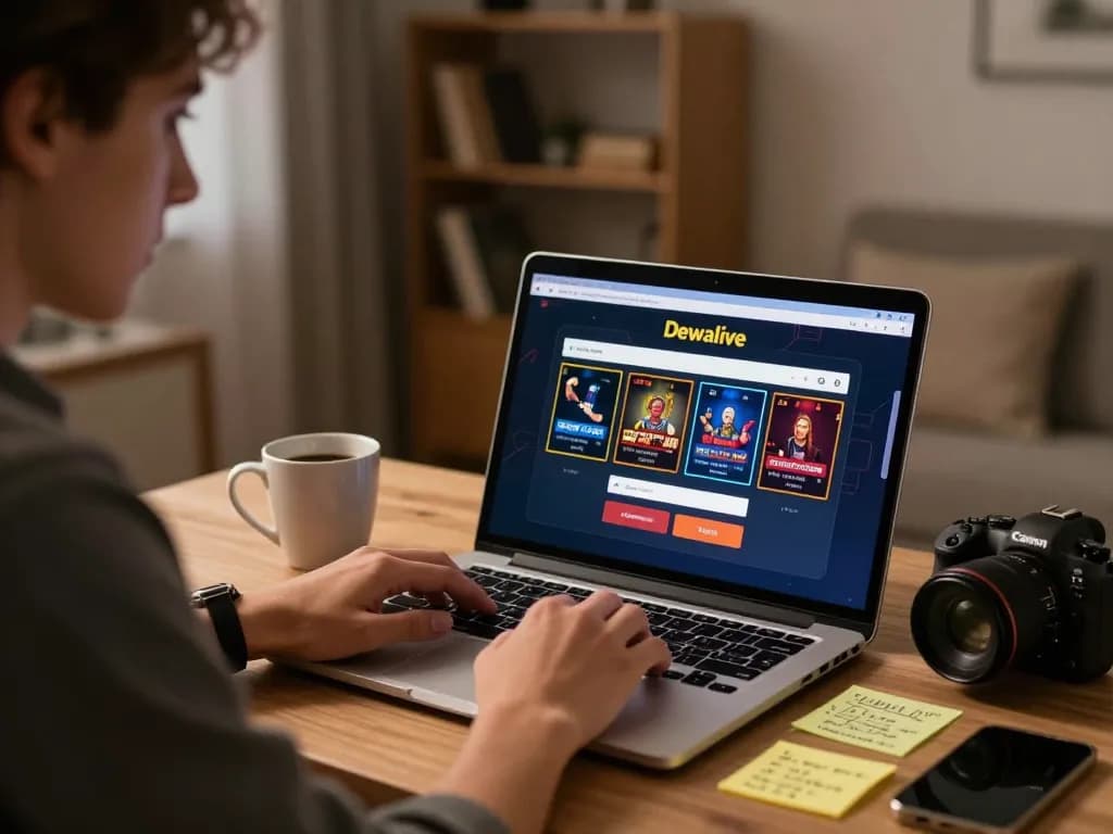 Dewalive Login on laptop screen with player analyzing betting strategies in cozy home office.