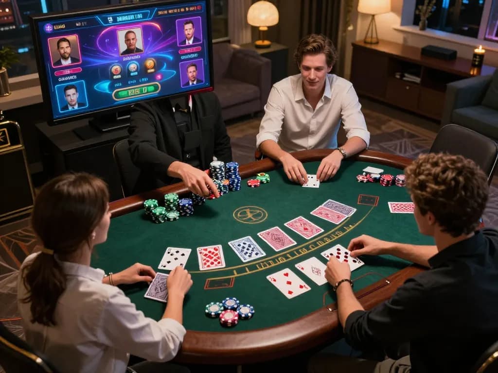 Players engaging in an intense online game at mb66 with cards and chips on a sleek digital interface.
