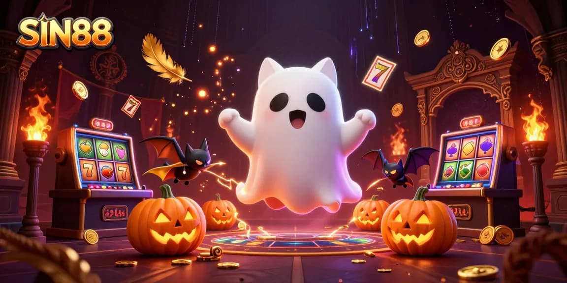 SIN88 casino scene featuring a ghost cat, vampire bat, and jack-o-lanterns amidst slot machines.