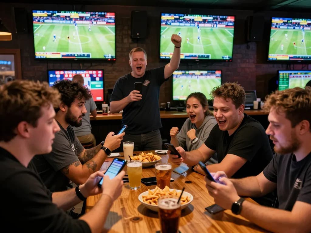 Sports betting excitement at nhà cái go8 with patrons cheering and using apps.