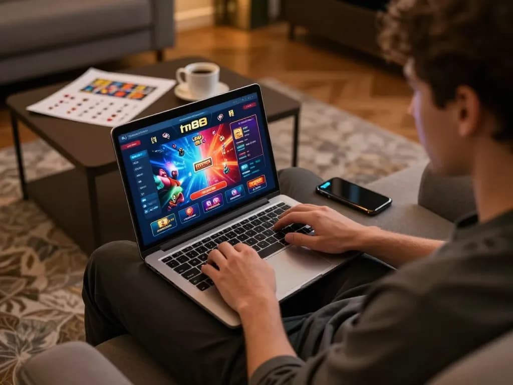 Engaging with tr88 online casino gaming app on a laptop in a cozy home setting.