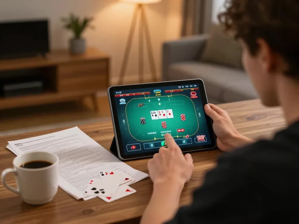 Engaging moment of landlordmoneysaving during online poker strategy session with tablet, notes, and coffee