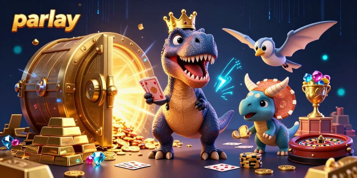 Engage in parlay betting with a fun and colorful 3D illustration of dinosaurs at a casino.