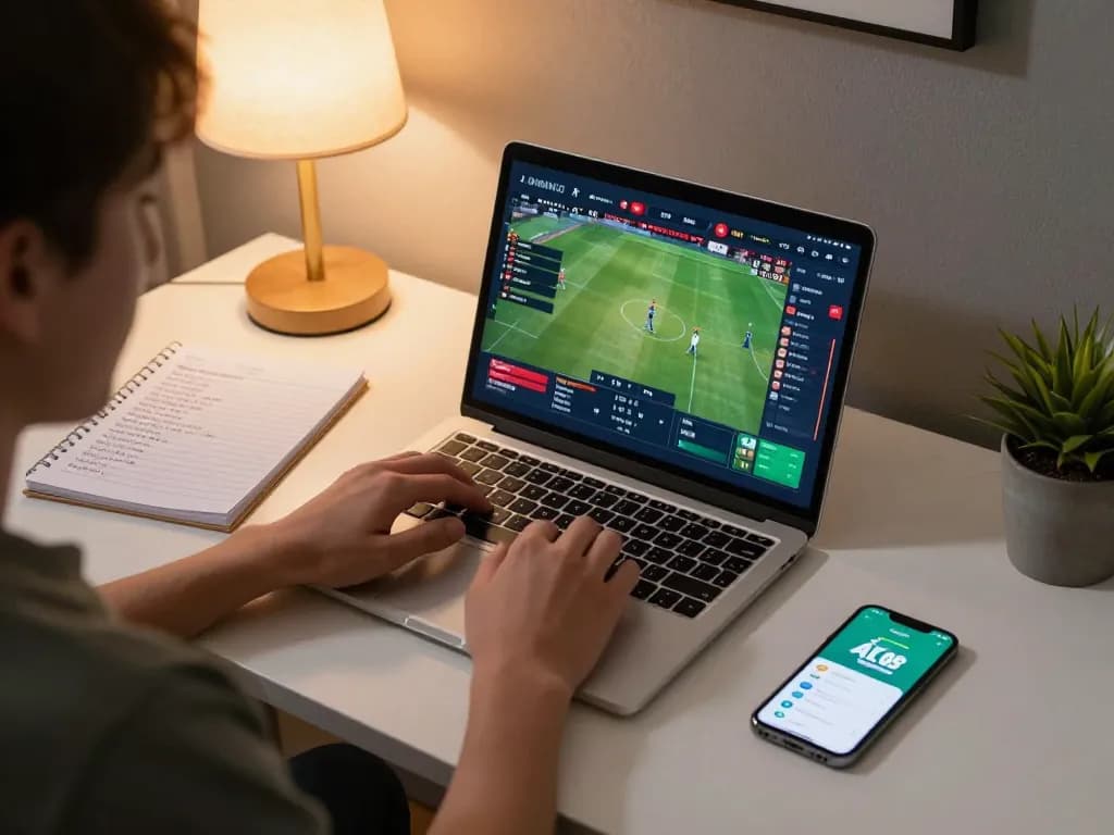 Person analyzing sports odds on their laptop with ALO8 app visible, promoting strategic online betting.