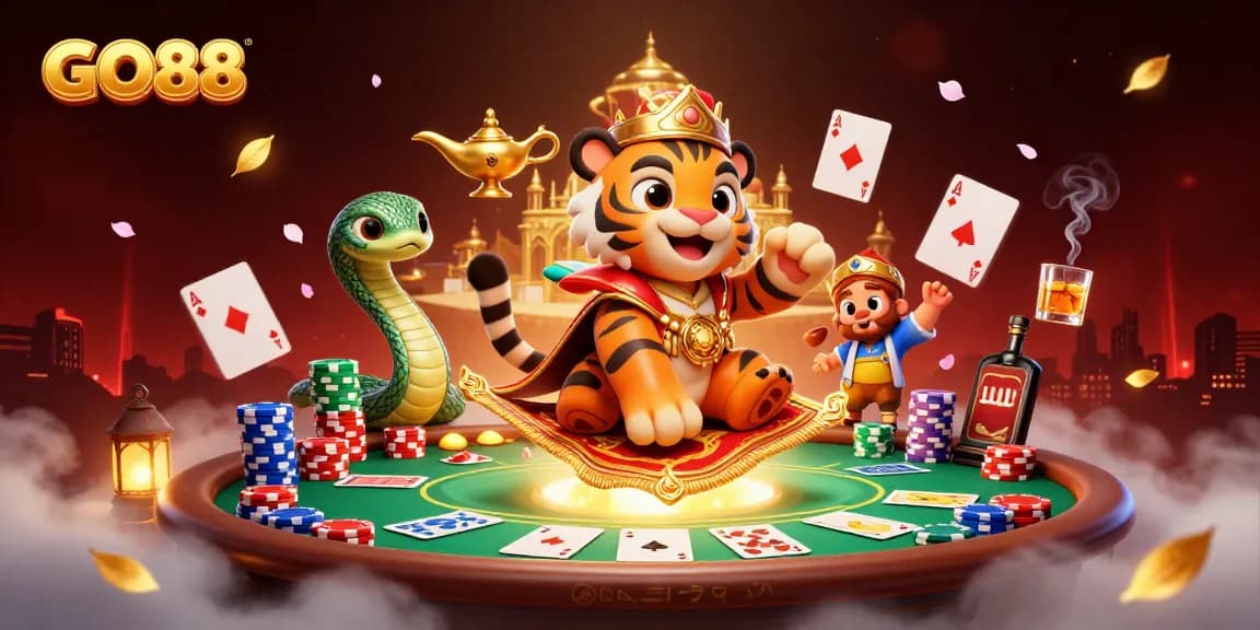 Experience exciting gaming with GO88 featuring a magical tiger sultan and vibrant casino elements.