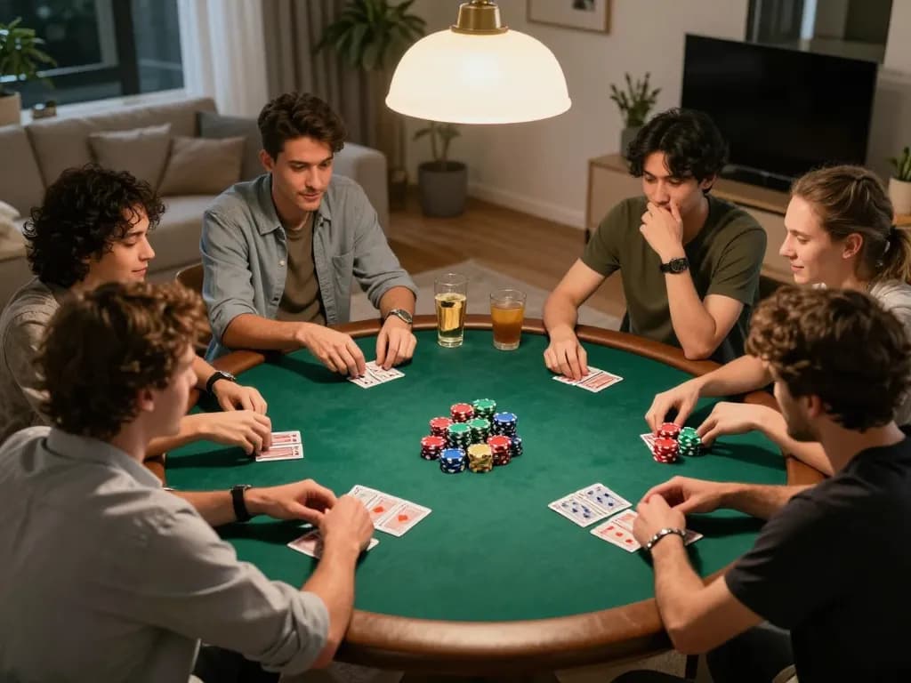 Nohu90 players strategizing in a cozy home poker night with engaged friends and vibrant chips.