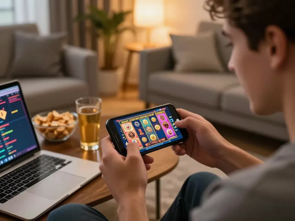 Nk88 trang chủ showcasing an engaged player during an exciting mobile gambling session with vibrant slot game graphics.