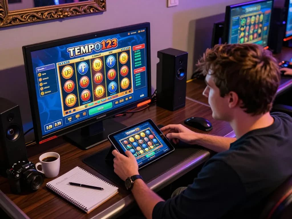 Engaging with Tempo123 Slot online gameplay on tablet, cozy gaming setup.