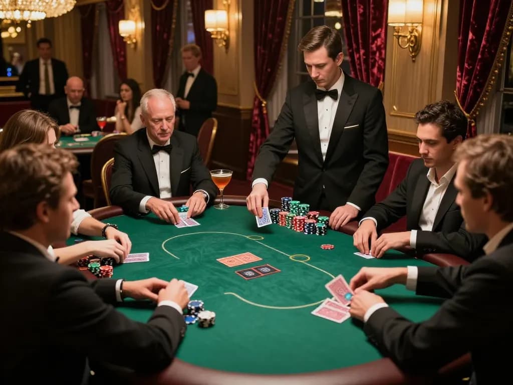 Engaged players at a btopcshop poker table show strategic gameplay during a high-stakes casino night.