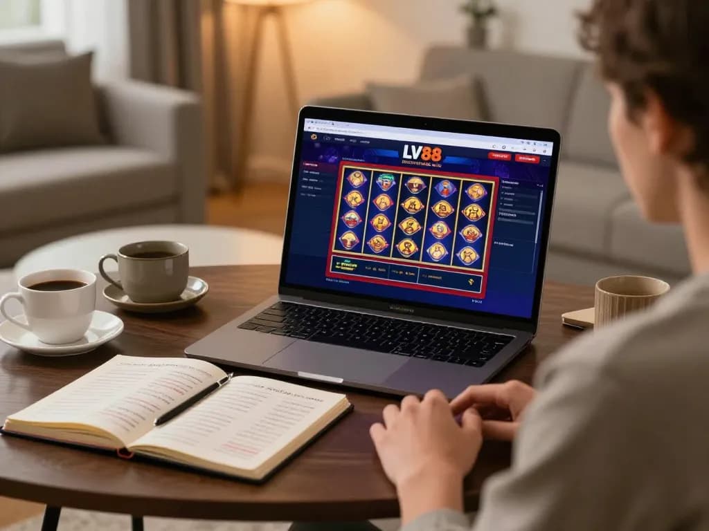 Person using LV88 online casino interface on laptop with strategic notes nearby