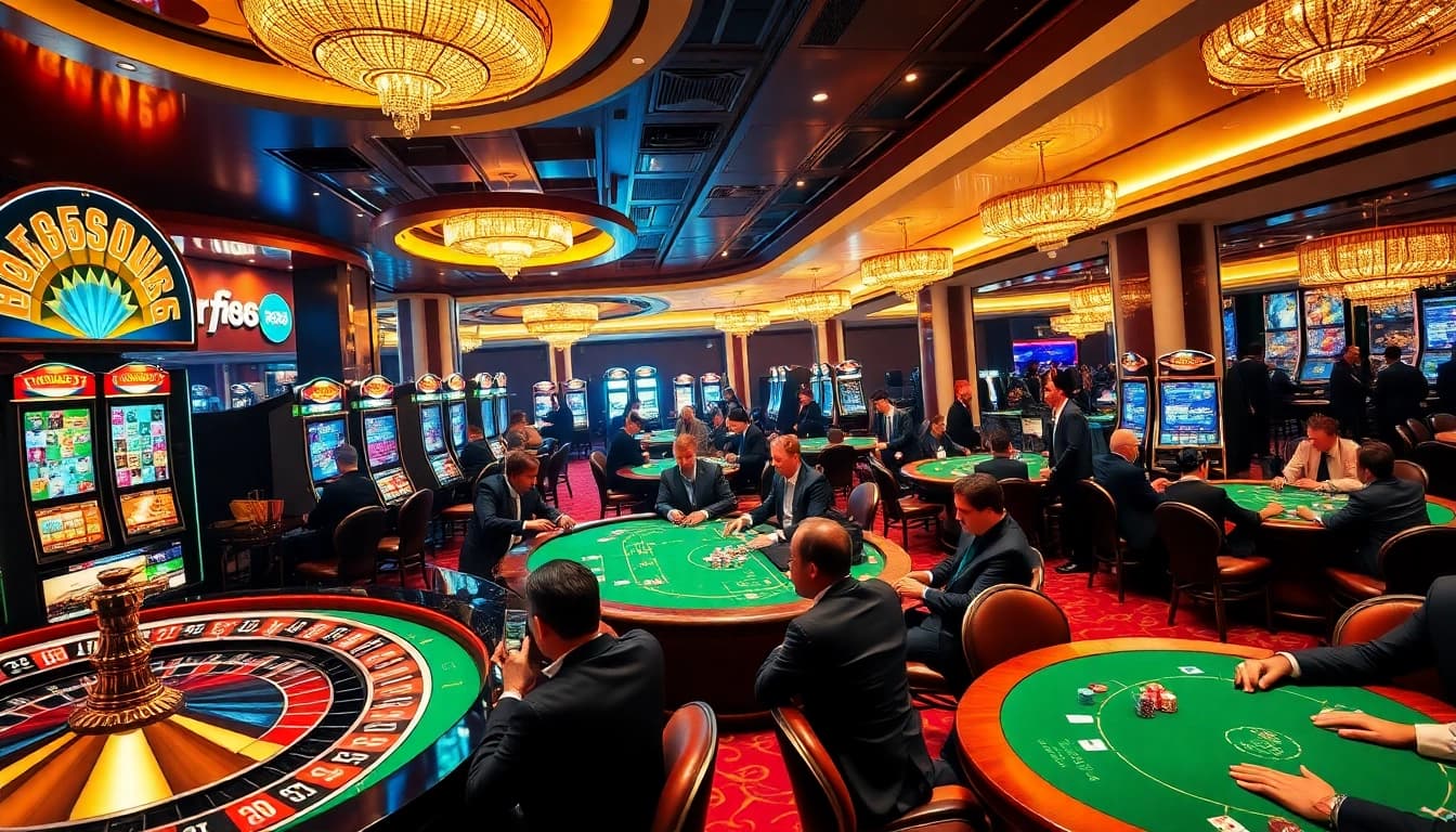 Excited gamers at RR88 casino enjoying vibrant slot machines and roulette tables.